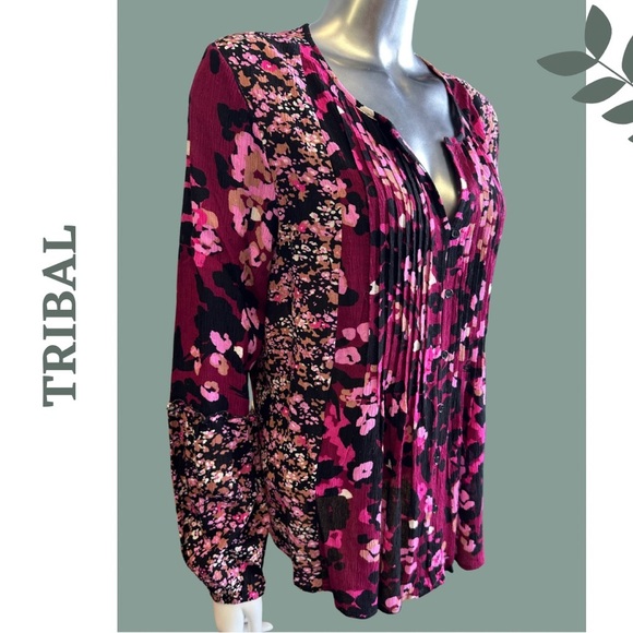 Tribal Flowy Blouse Floral Mixed Print Bob Pintuck Detail Purple Pink Size Small - Picture 7 of 11